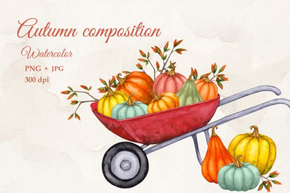 Charming Autumn Art: Pumpkins on a Wheelbarrow Watercolor PNG
