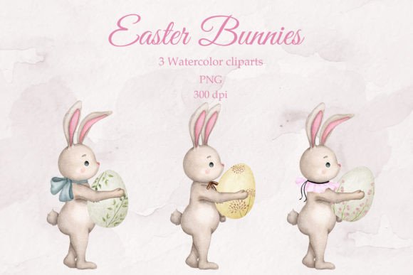 Easter Bunnies. Watercolor Set. PNG: Soft Pastel Charm for Your Spring Projects